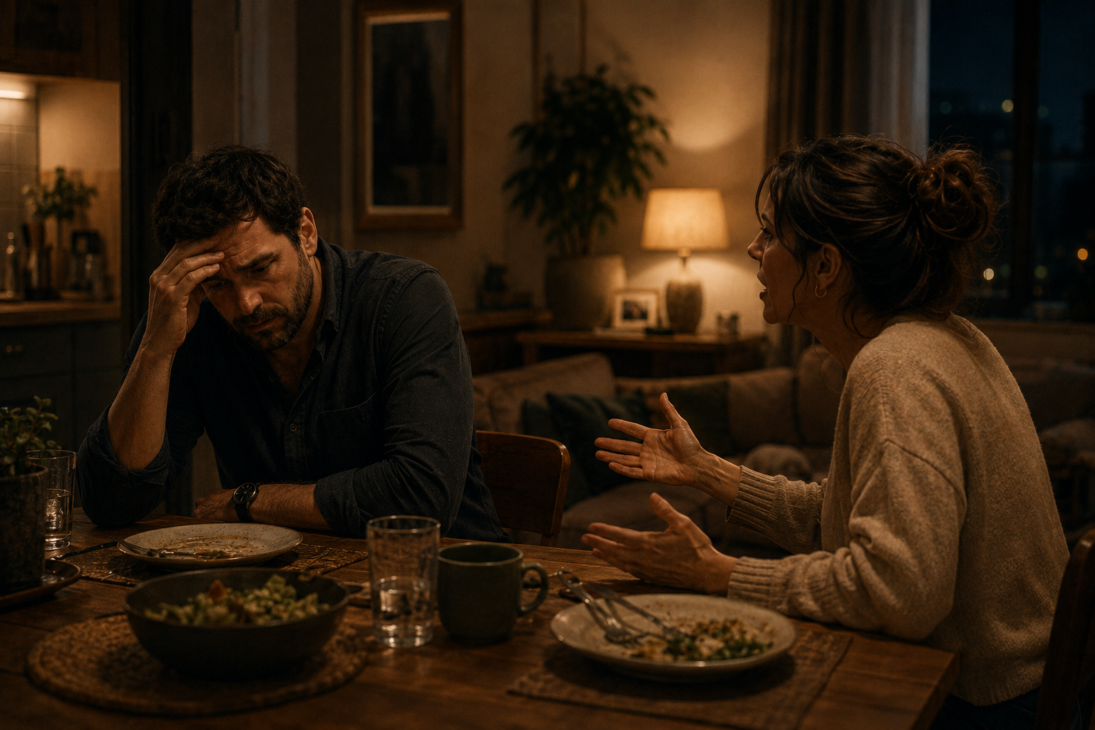 Pareja en la mesa durante una conversación tensa al final del día