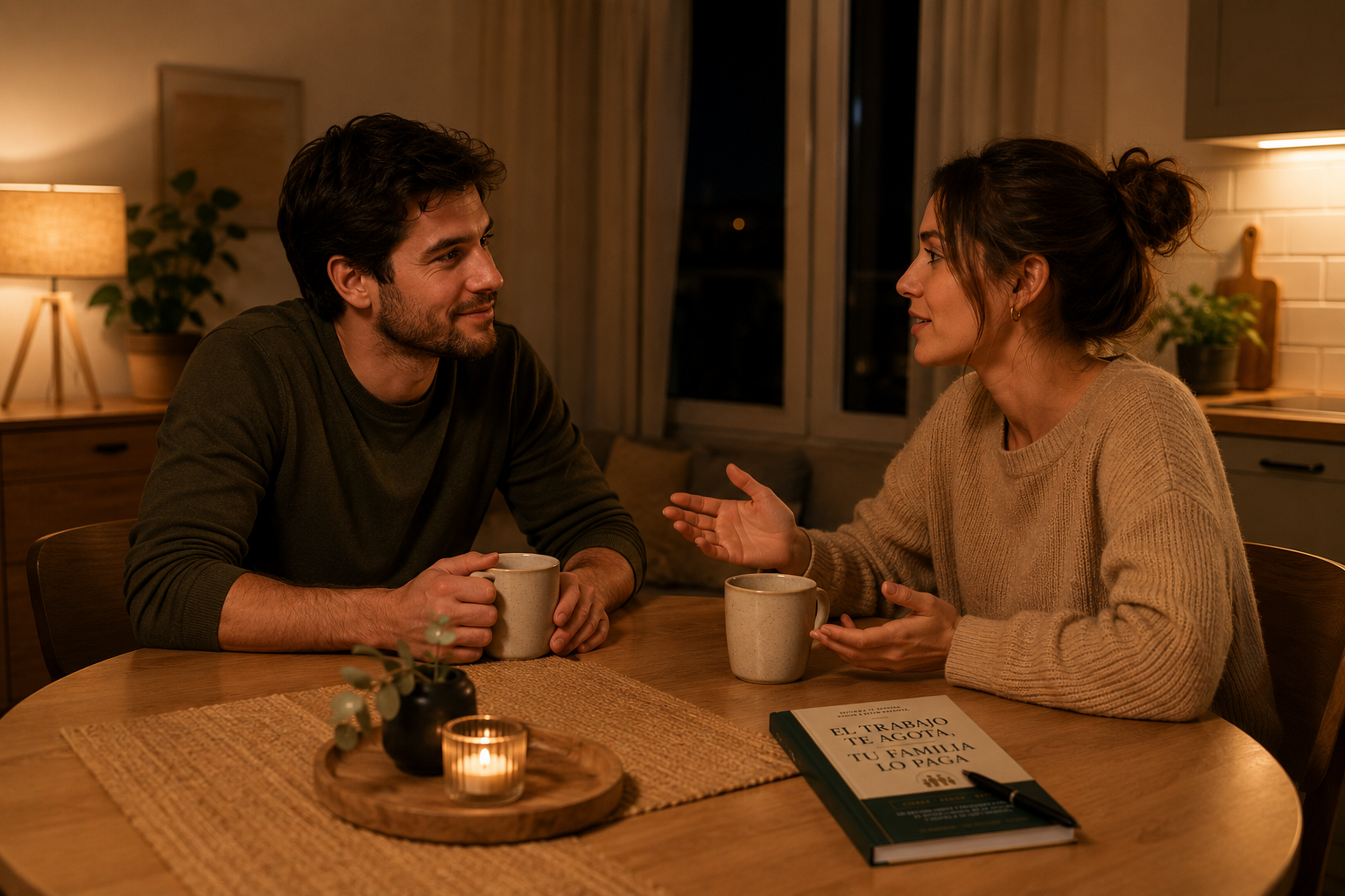 Pareja conversando con calma en la mesa al final del día